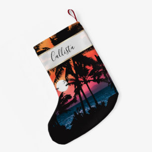 Summer Tropical Pink Orange Palm Trees Sunset Small Christmas Stocking