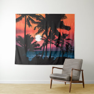 Summer Tropical Pink Orange Palm Trees Sunset Tapestry