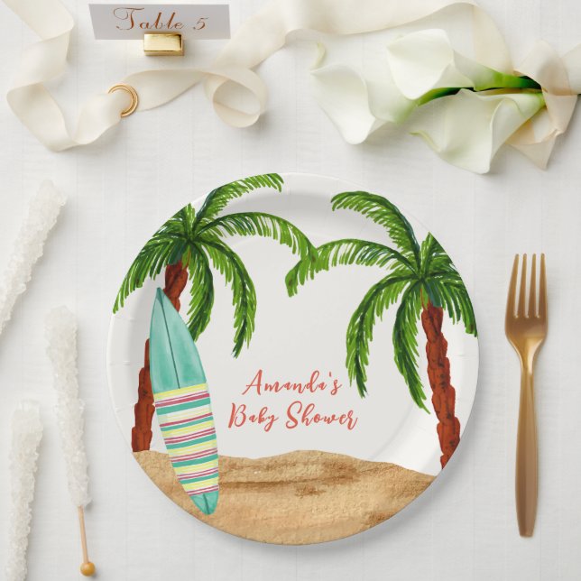 Summer Tropical Surf Baby On Board Baby Shower  Paper Plate (Wedding)