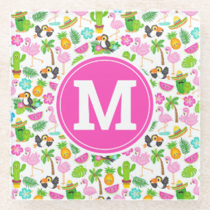 Summer Tropical Toucan and Flamingo Pattern Glass Coaster