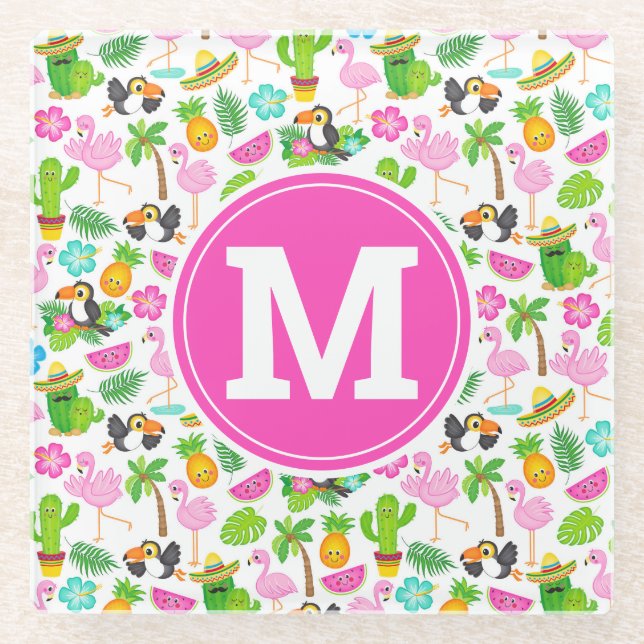 Summer Tropical Toucan and Flamingo Pattern Glass Coaster (Front)