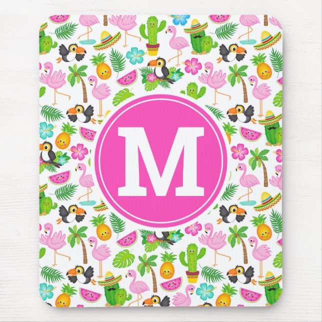Summer Tropical Toucan and Flamingo Pattern Mouse Pad (Front)