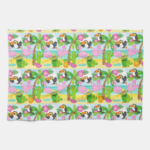 Summer Tropical Toucan and Flamingo Pattern Tea Towel