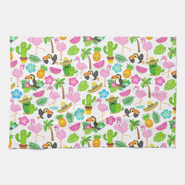 Summer Tropical Toucan and Flamingo Pattern Tea Towel (Horizontal)