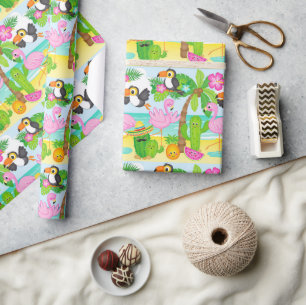 Summer Tropical Toucan and Flamingo Pattern Wrapping Paper