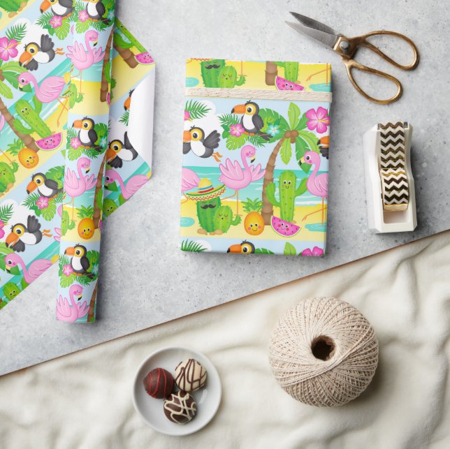 Summer Tropical Toucan and Flamingo Pattern Wrapping Paper (Crafts)