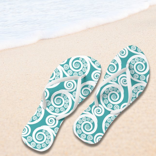 Summer Turquoise Nature-inspired Curly Swirls  Thongs (Summer Turquoise Nature-inspired Curly Swirls Flip Flops)