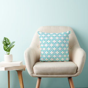 Summer Turquoise White Retro Chic Trellis Pattern Cushion