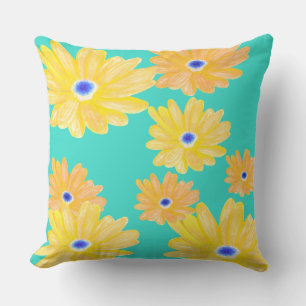 Summer Turquoise Yellow Floral Throw Pillow