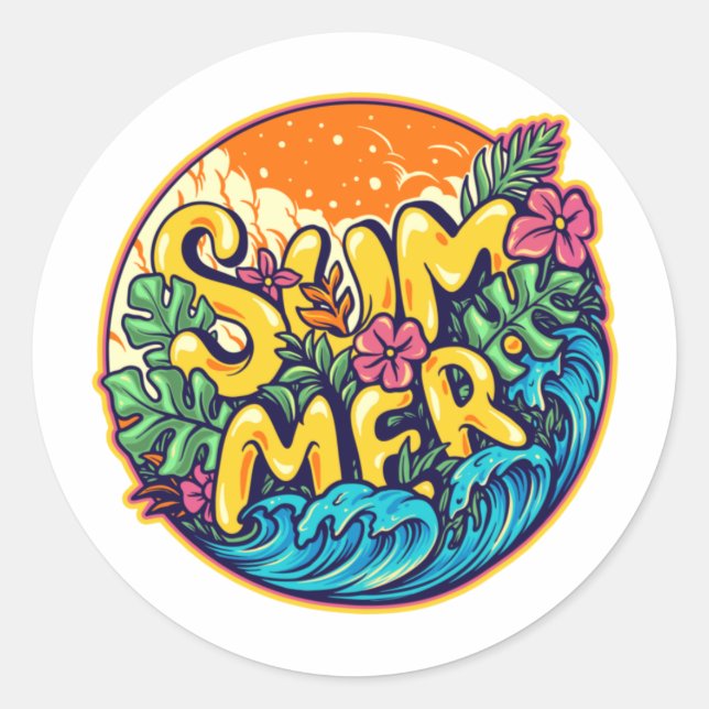 Summer Typographic Tropical Waves  Classic Round Sticker (Front)