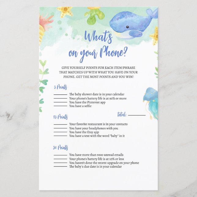 Summer Under the Sea Baby Shower Game (Front)