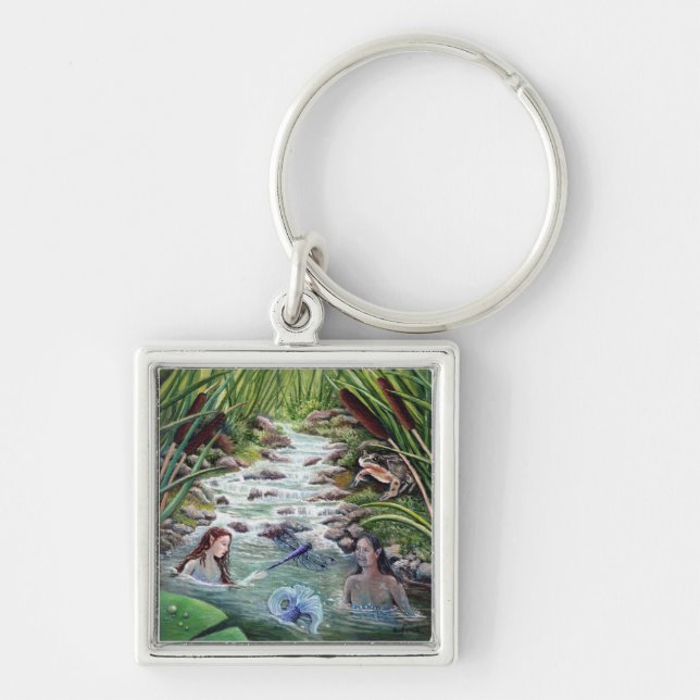 Summer Undine Mermaids in a Woodland Stream Key Ring (Front)