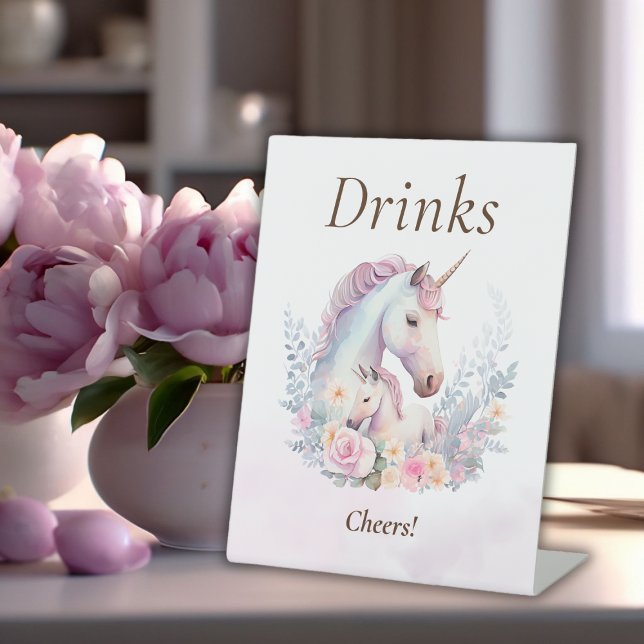 Summer Unicorn Baby Shower Drinks Pedestal Sign (Spring Unicorn Watercolor Baby Shower Drinks Pedestal Sign)