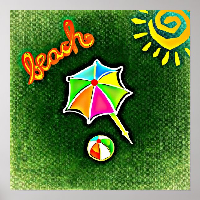 Summer Vacation Beach Umbrella and Ball Poster (Front)
