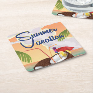 Summer Vacation Cartoon travel poster Square Paper Coaster
