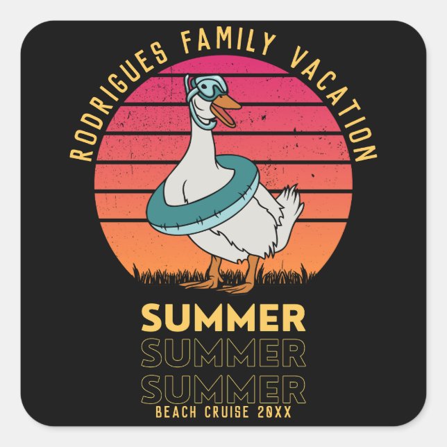 Summer Vacation Duck on Retro Sunset  Square Sticker (Front)