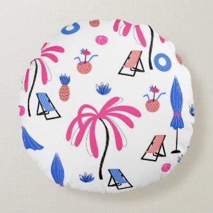 Summer Vacation: Palm Trees Pineapples Pattern Round Cushion