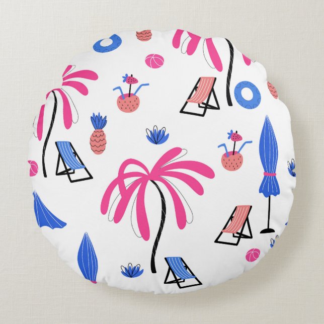 Summer Vacation: Palm Trees Pineapples Pattern Round Cushion (Front)