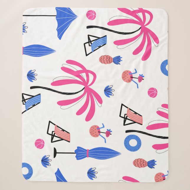 Summer Vacation: Palm Trees Pineapples Pattern Sherpa Blanket (Front)