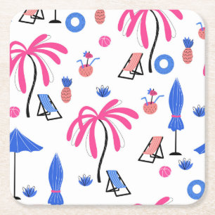 Summer Vacation: Palm Trees Pineapples Pattern Square Paper Coaster