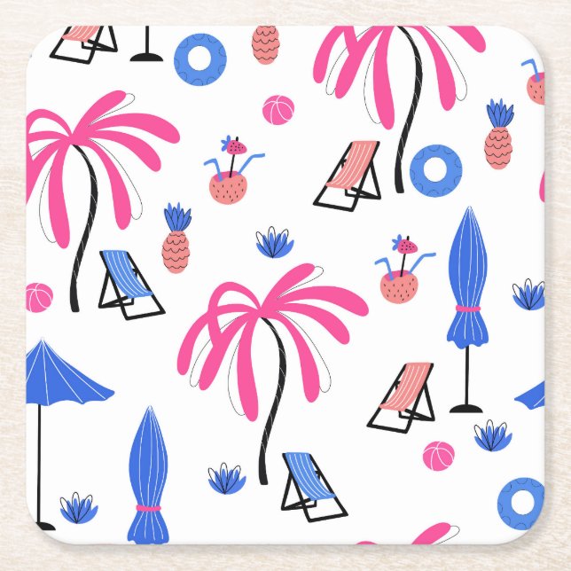 Summer Vacation: Palm Trees Pineapples Pattern Square Paper Coaster (Front)