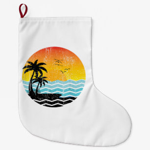 Summer Vacation Palm Trees Retro Sunset Tropical S Large Christmas Stocking