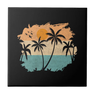 Summer Vacation Retro Sunset Beach Palms Tree Pock Ceramic Tile