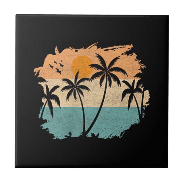Summer Vacation Retro Sunset Beach Palms Tree Pock Ceramic Tile (Front)