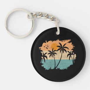 Summer Vacation Retro Sunset Beach Palms Tree Pock Key Ring