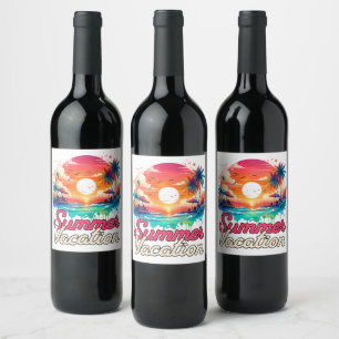 Summer Vacation Tropical Sunset Beach Retro Design Wine Label