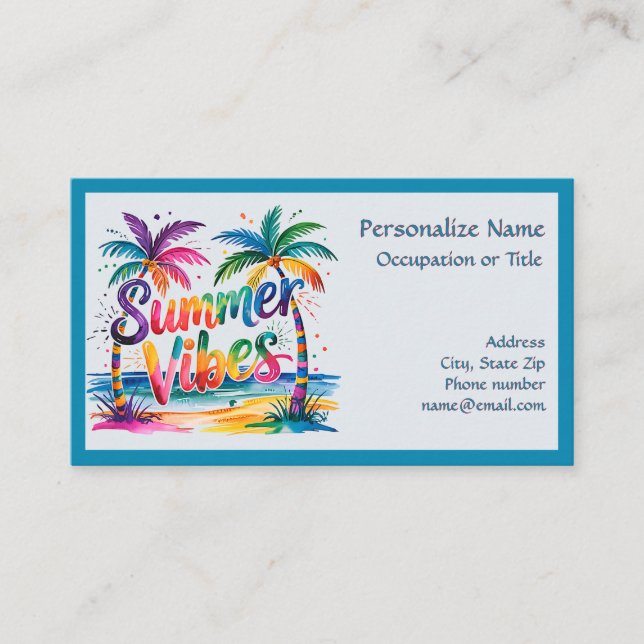 Summer Vibe Pastel Island Scene Palm Trees Beach Business Card (Front)