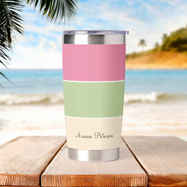 Summer Vibe Pink & Sage Green Stripes Insulated Tumbler (Beach)