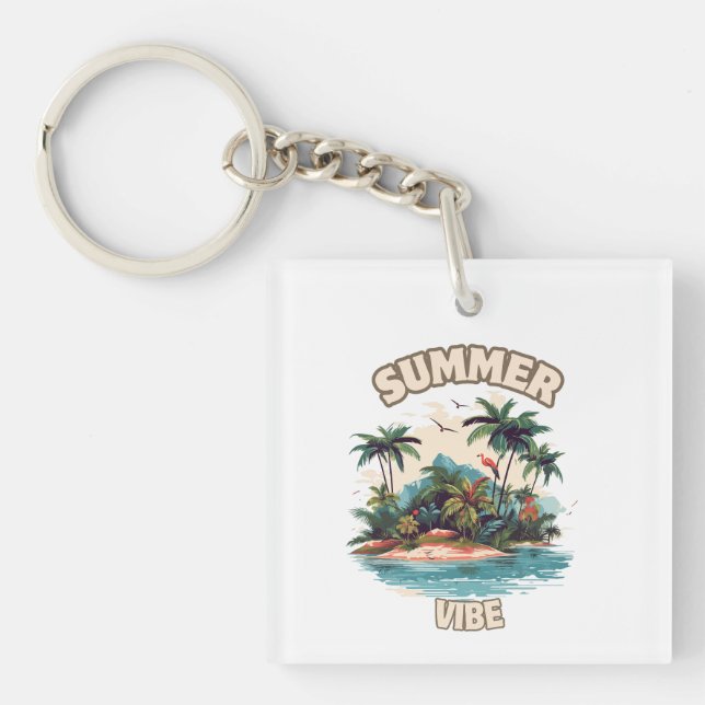 Summer Vibe Tropical Island Illustration Key Ring (Front)