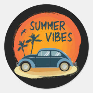 summer vibe with retro car on the beach classic round sticker