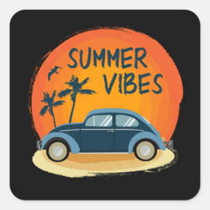 summer vibe with retro car on the beach square sticker