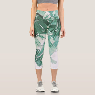 Summer Vibes Banana Leaves Pale Green Capri Leggings