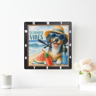 Summer Vibes Beach Dog Square Wall Clock