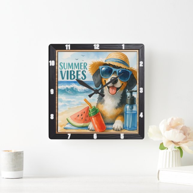Summer Vibes Beach Dog Square Wall Clock (Home)