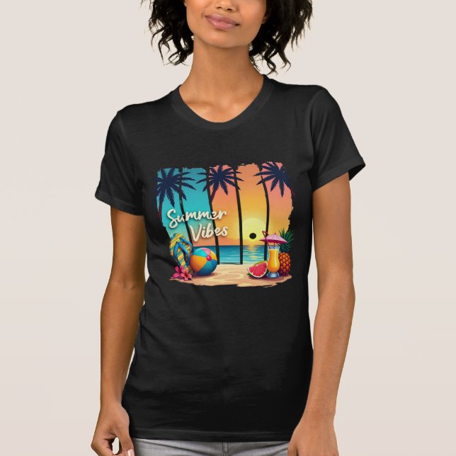 Summer Vibes Beach Scene – Tropical Sunset with Fl T-Shirt (Front)