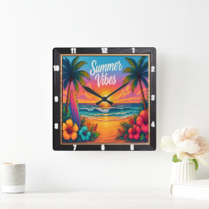 Summer Vibes Beach Surf  Square Wall Clock