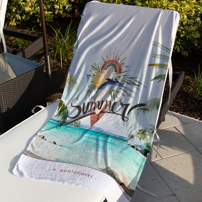 Summer Vibes | Boho Retro Summer Surf Monogram Beach Towel (Creator Uploaded)