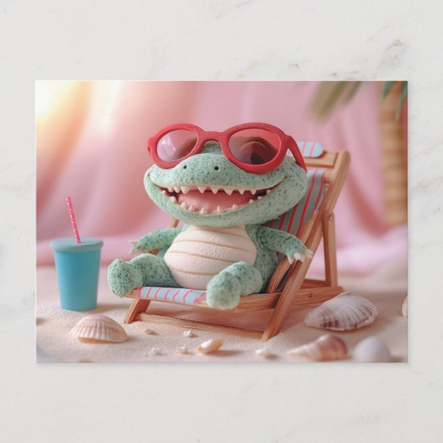 Summer Vibes: Chillin' Plush Crocodile on Vacation Postcard (Front)
