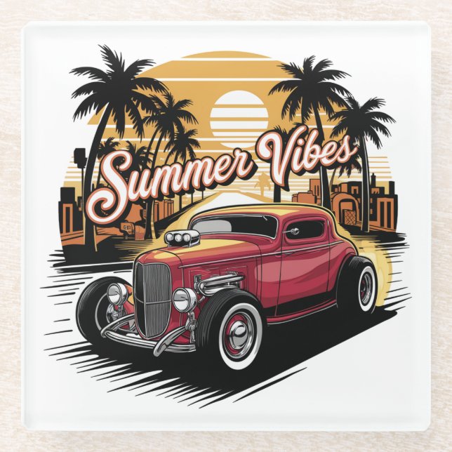 Summer Vibes Classic Car Glass Coaster (Front)