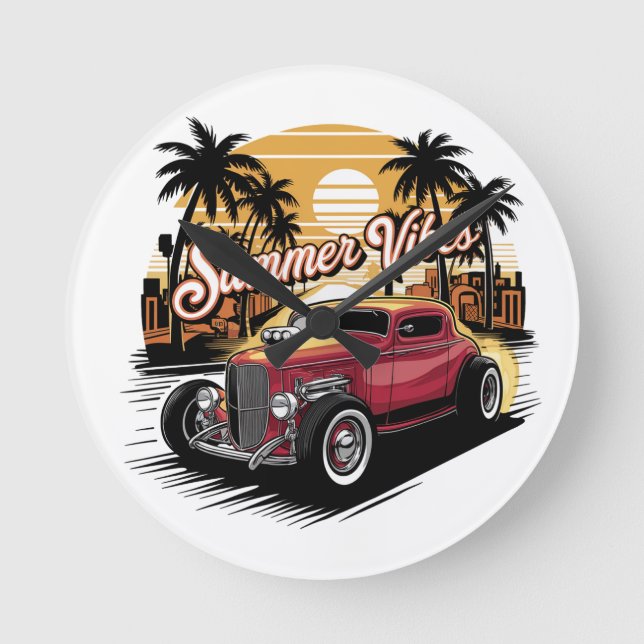 Summer Vibes Classic Car Round Clock (Front)