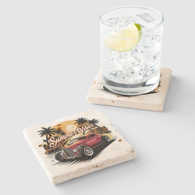 Summer Vibes Classic Car Stone Coaster (Side)