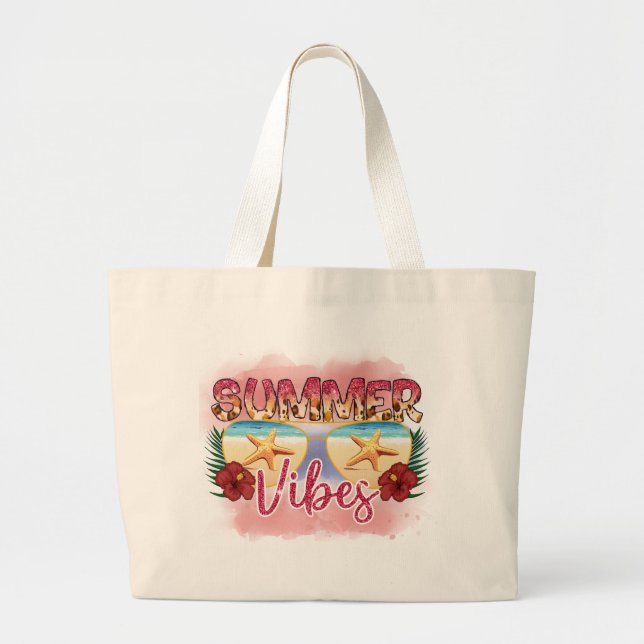 Summer Vibes | Coastal Beach Sunglasses Design Large Tote Bag (Front)