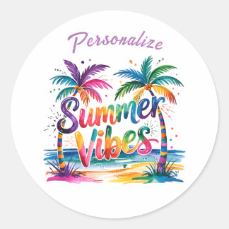 Summer Vibes Colourful Palm Trees Ocean Personalis Classic Round Sticker