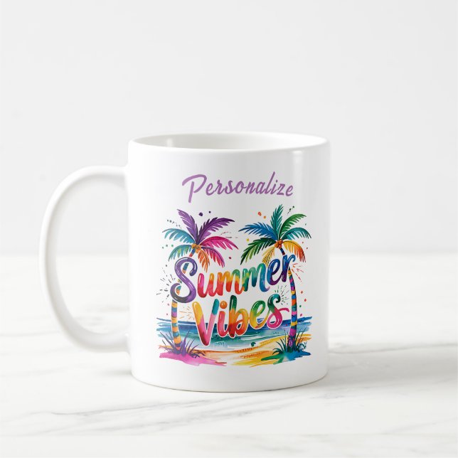 Summer Vibes Colourful Palm Trees Ocean Personalis Coffee Mug (Left)