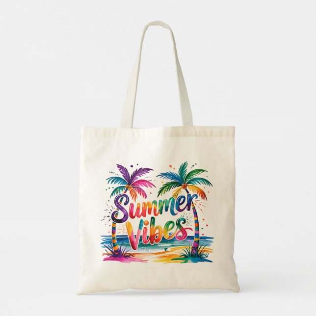 Summer Vibes Colourful Tropical Palm Trees Ocean Tote Bag (Back)