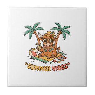 Summer Vibes Cute Highland Cow Beach Vacation Shir Ceramic Tile
